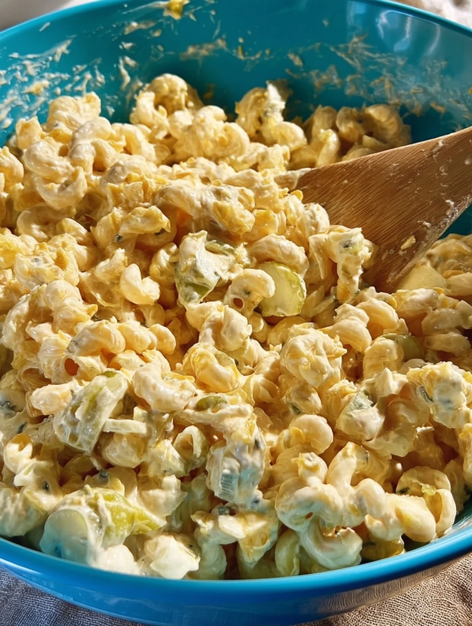 Bowl of deviled egg pasta salad with vibrant ingredients and creamy dressing