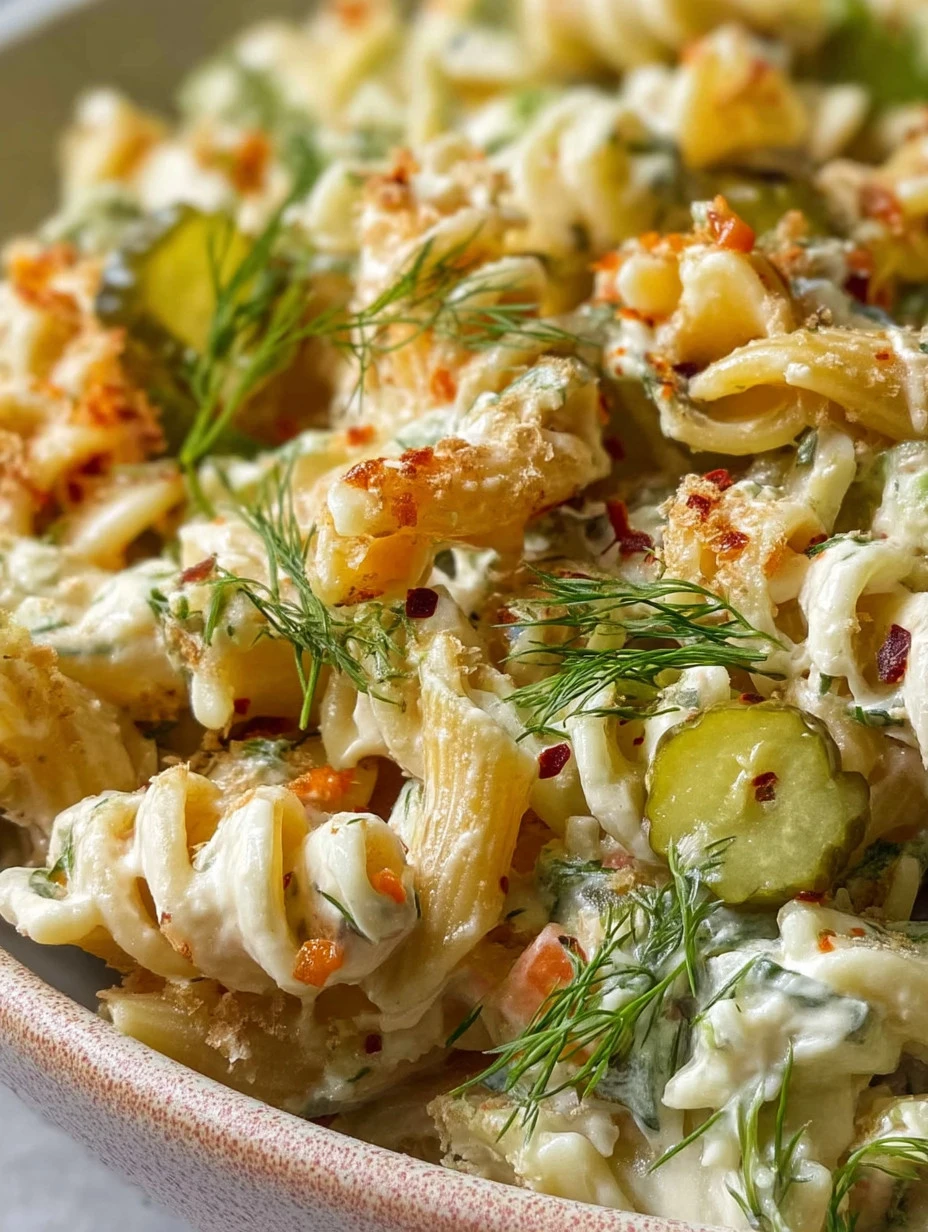 Delicious Dill Pickle Pasta Salad in a bowl with fresh ingredients