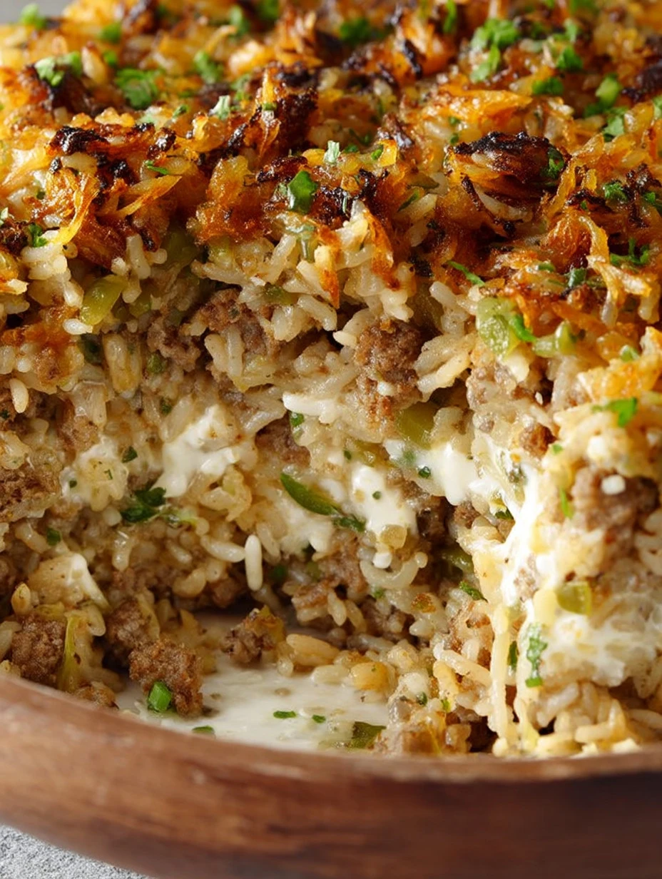 A flavorful plate of Dirty Rice, showcasing a blend of spices and savory ingredients.