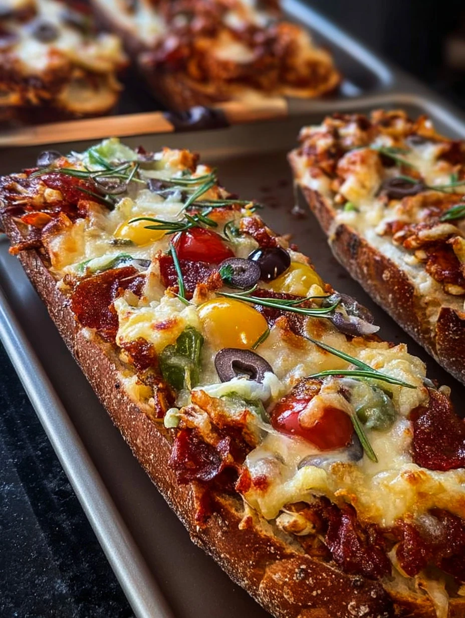 Homemade DIY French bread pizzas topped with cheese and vegetables