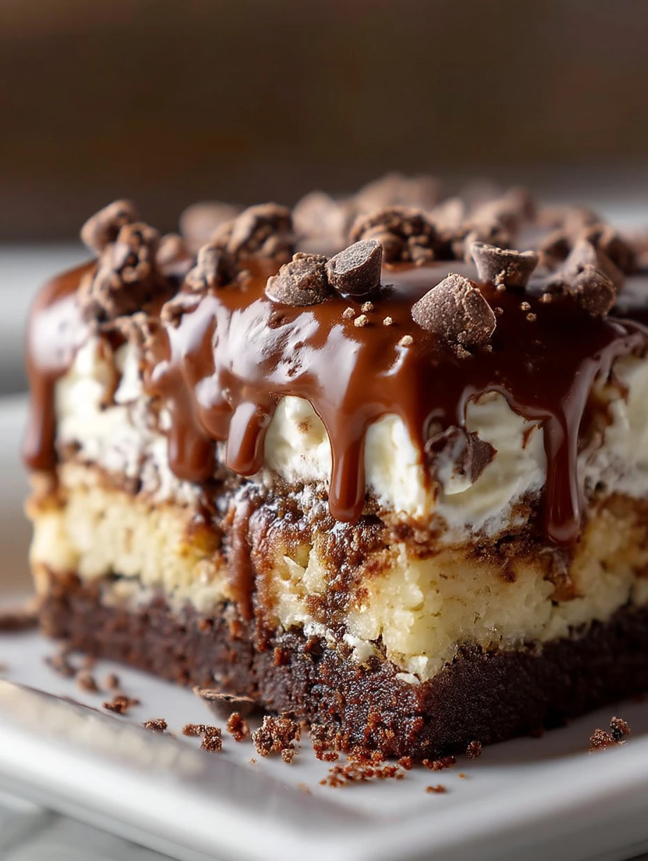 Slice of rich Earthquake Cake topped with frosting and nuts