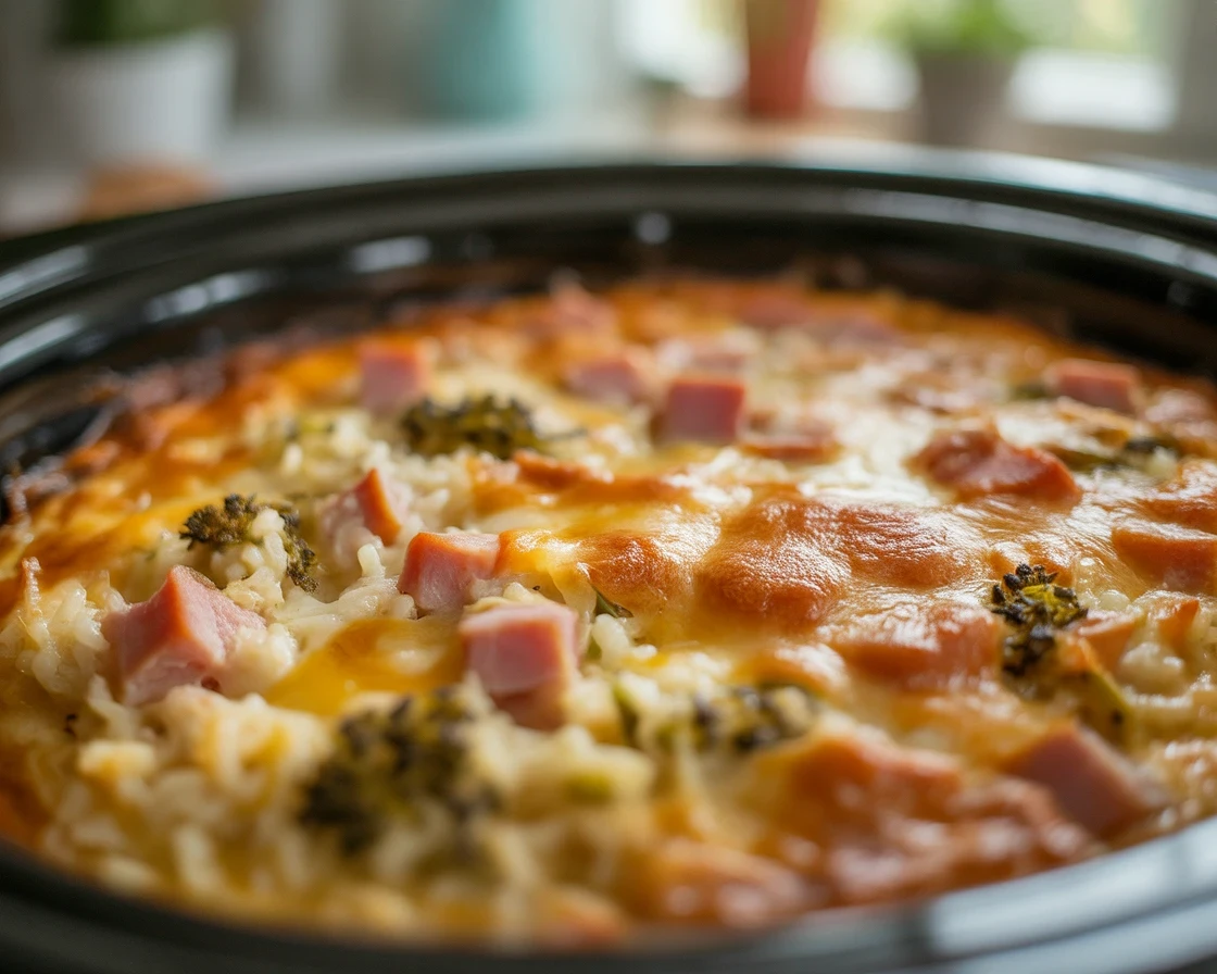 Crockpot Tater Tot Breakfast Casserole with sausage, eggs, and cheese