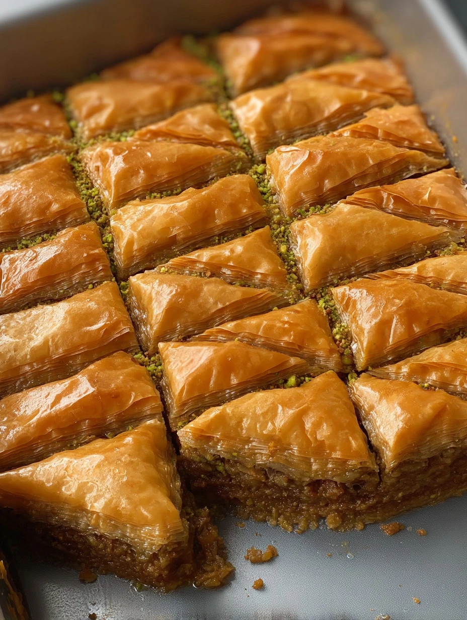 Delicious homemade baklava with layers of pastry and honey syrup.
