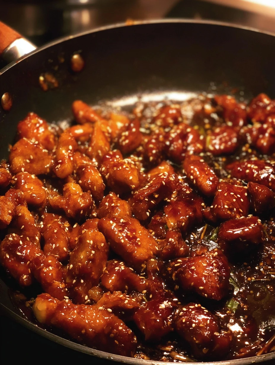 A plate of easy Bourbon Chicken garnished with green onions and sesame seeds.
