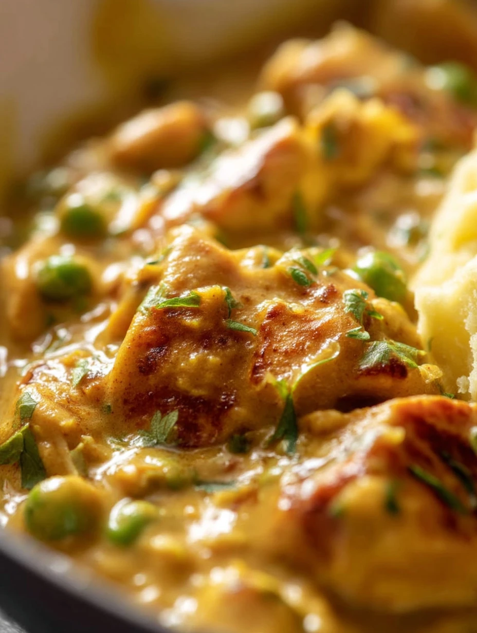 Delicious bowl of easy chicken curry served with rice and garnished with fresh herbs.