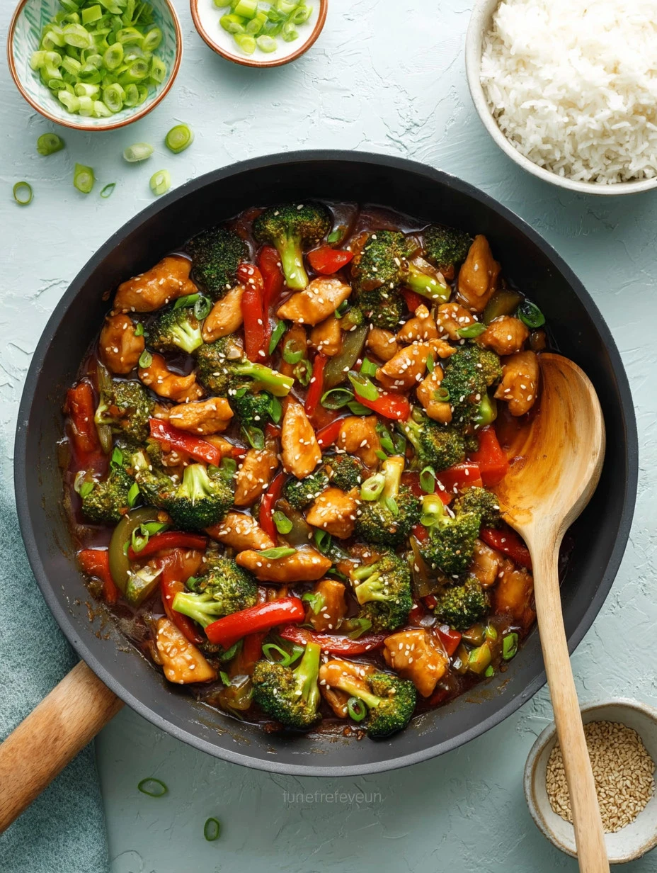 Colorful easy chicken stir fry with vegetables in a pan