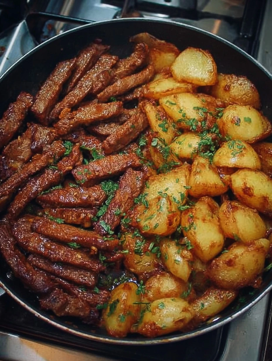 Skillet of garlic butter steak and potatoes, a delicious one-pan dinner