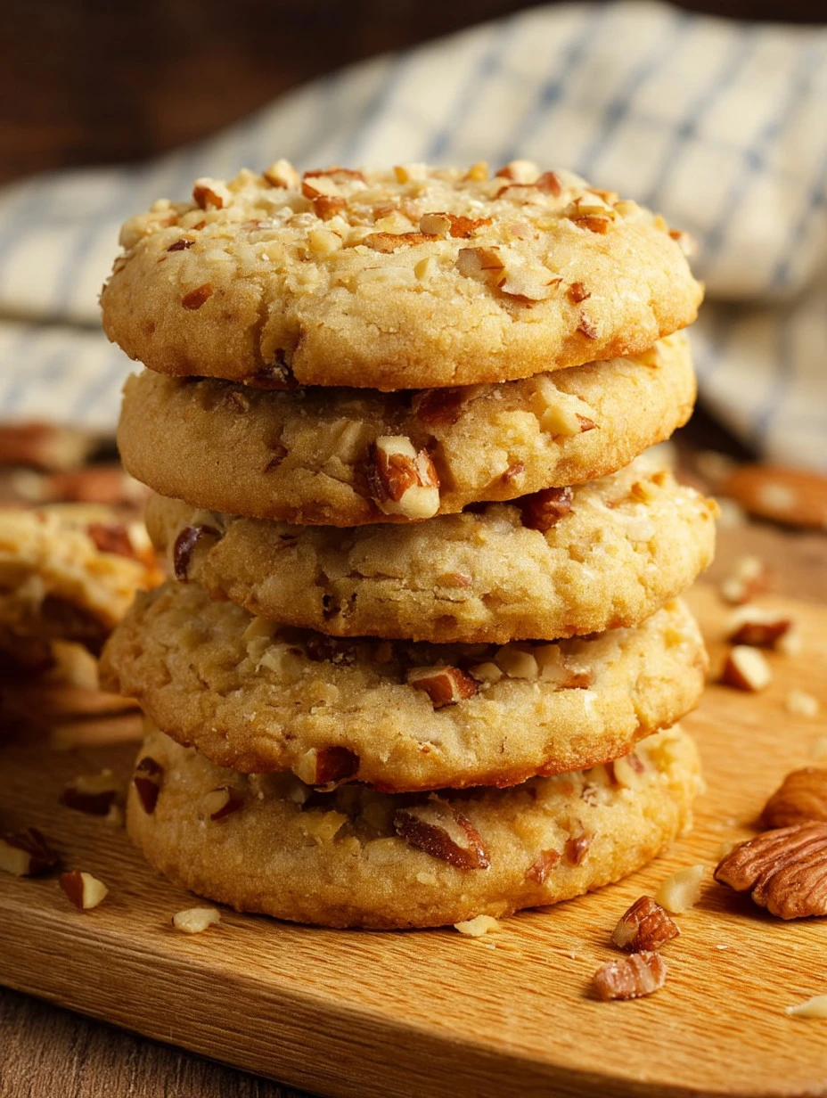 Homemade easy pecan sandies cookies with pecans on a rustic background.