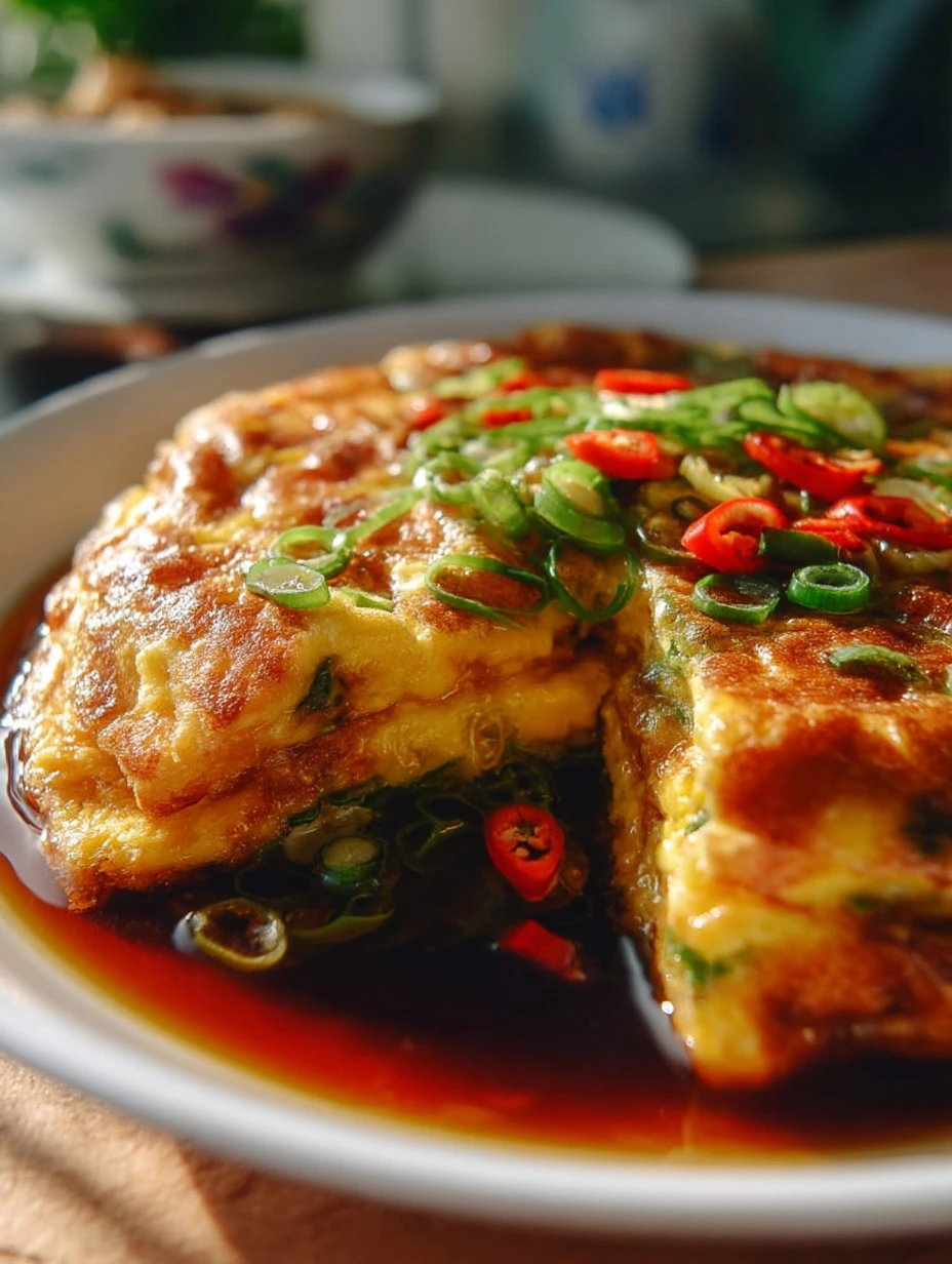 Delicious Egg Foo Young dish with vegetables and sauce