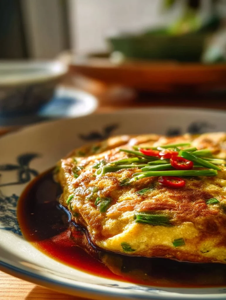 Delicious plate of Egg Foo Young with vegetables and sauce