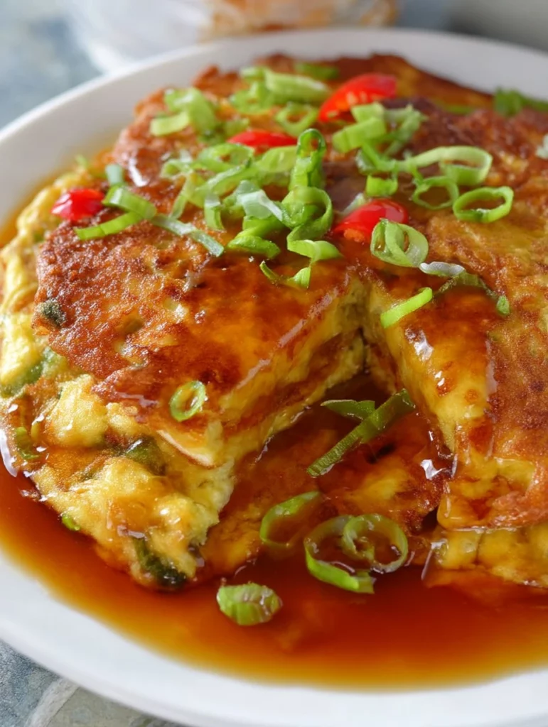 Delicious Egg Foo Young with vegetables and shrimp served on a plate.