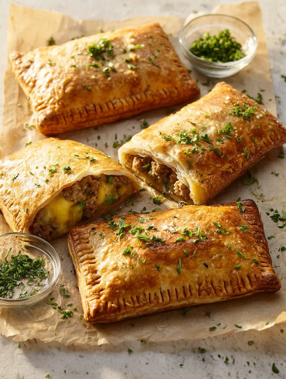 Savory egg sausage and gravy hand pies on a wooden table