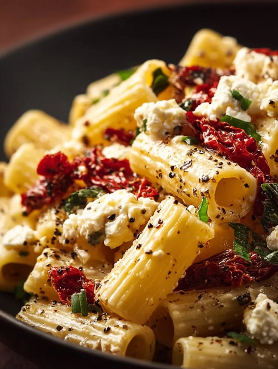 Feta and Cranberry Rigatoni Salad with Lemon Vinaigrette in a bowl.