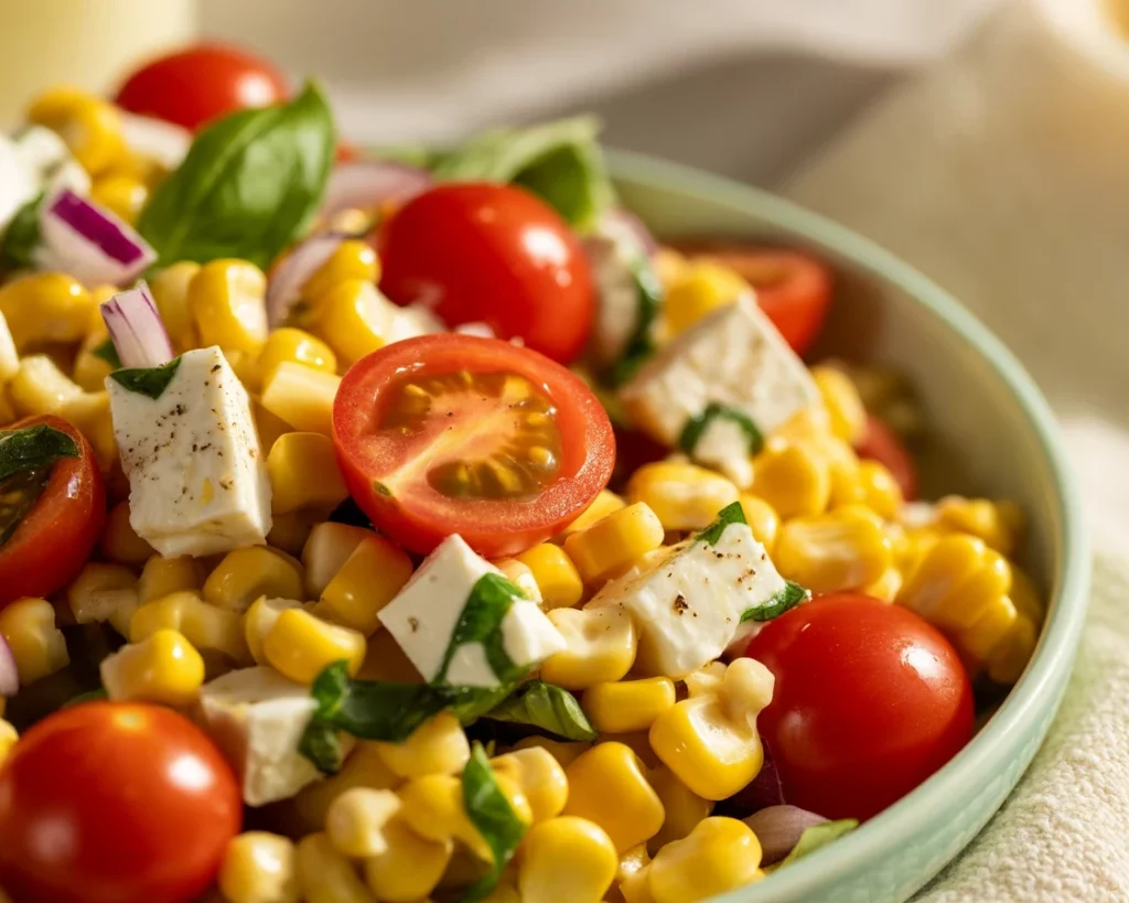 Fresh corn salad with tomatoes and avocado, perfect summer side dish.