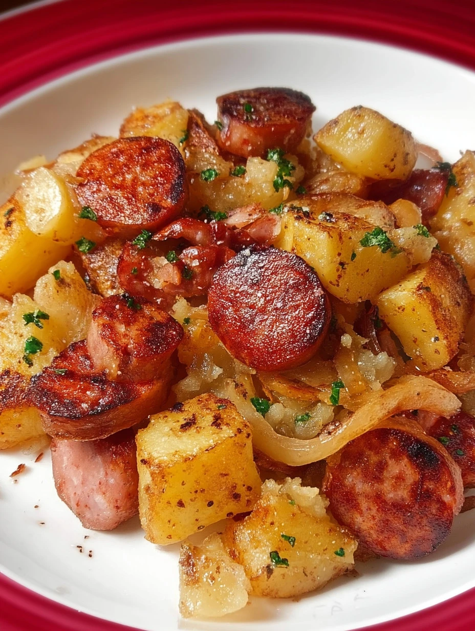 Plate of fried potatoes with onions and Polish sausage, a comforting meal.