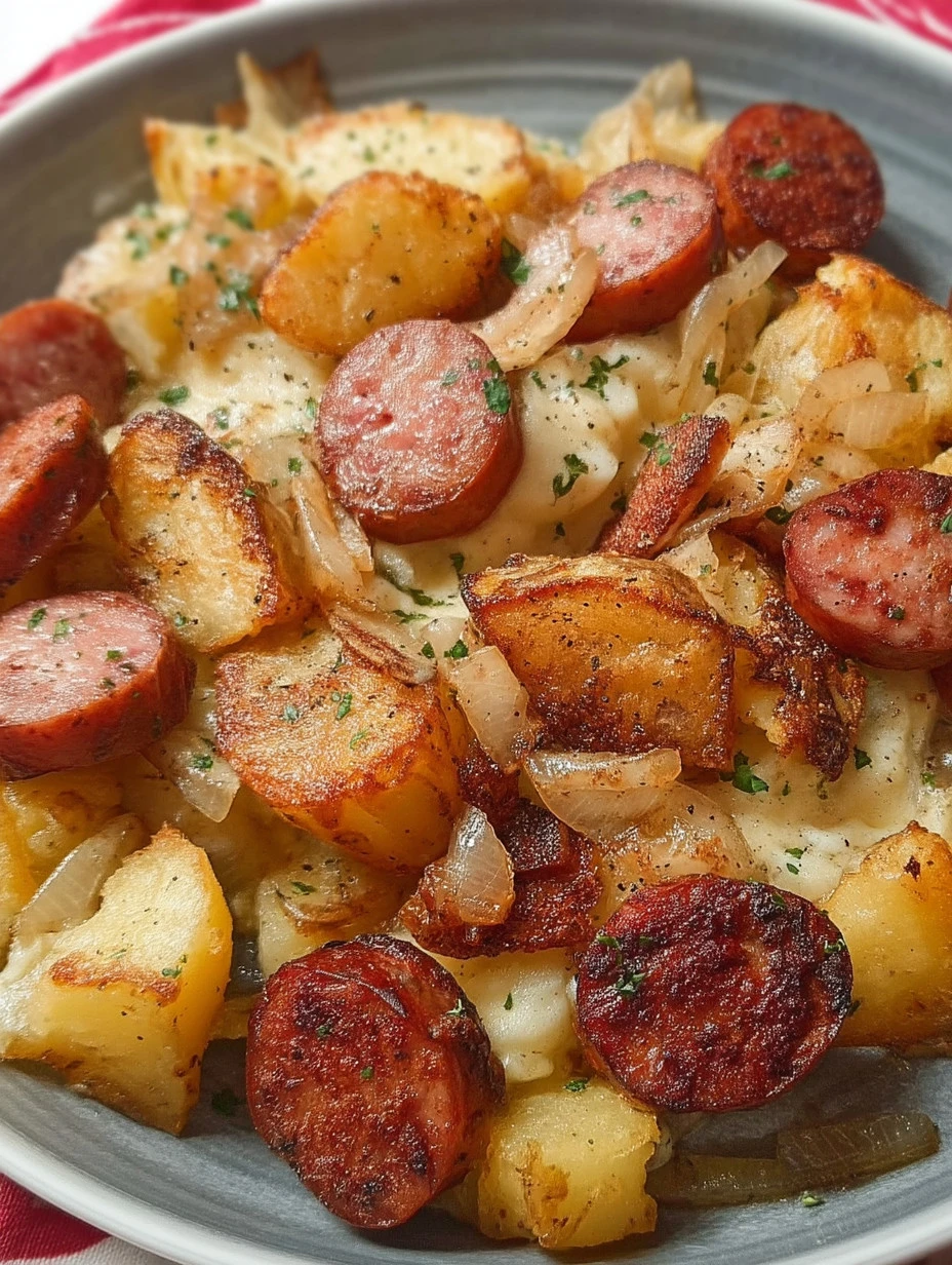 Plate of fried potatoes with onions and smoked Polish sausage