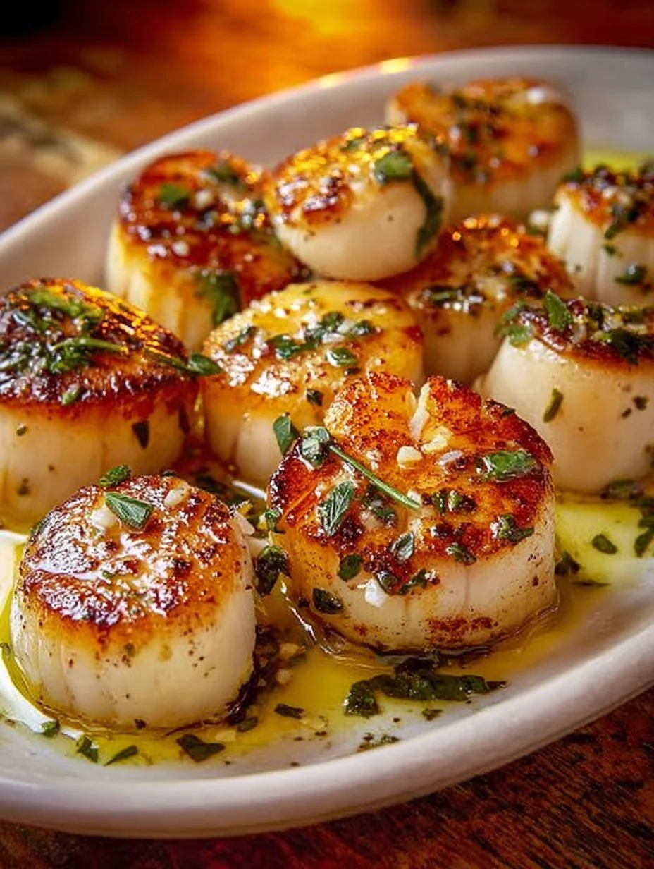 Garlic butter scallops cooked in an air fryer, garnished with herbs.