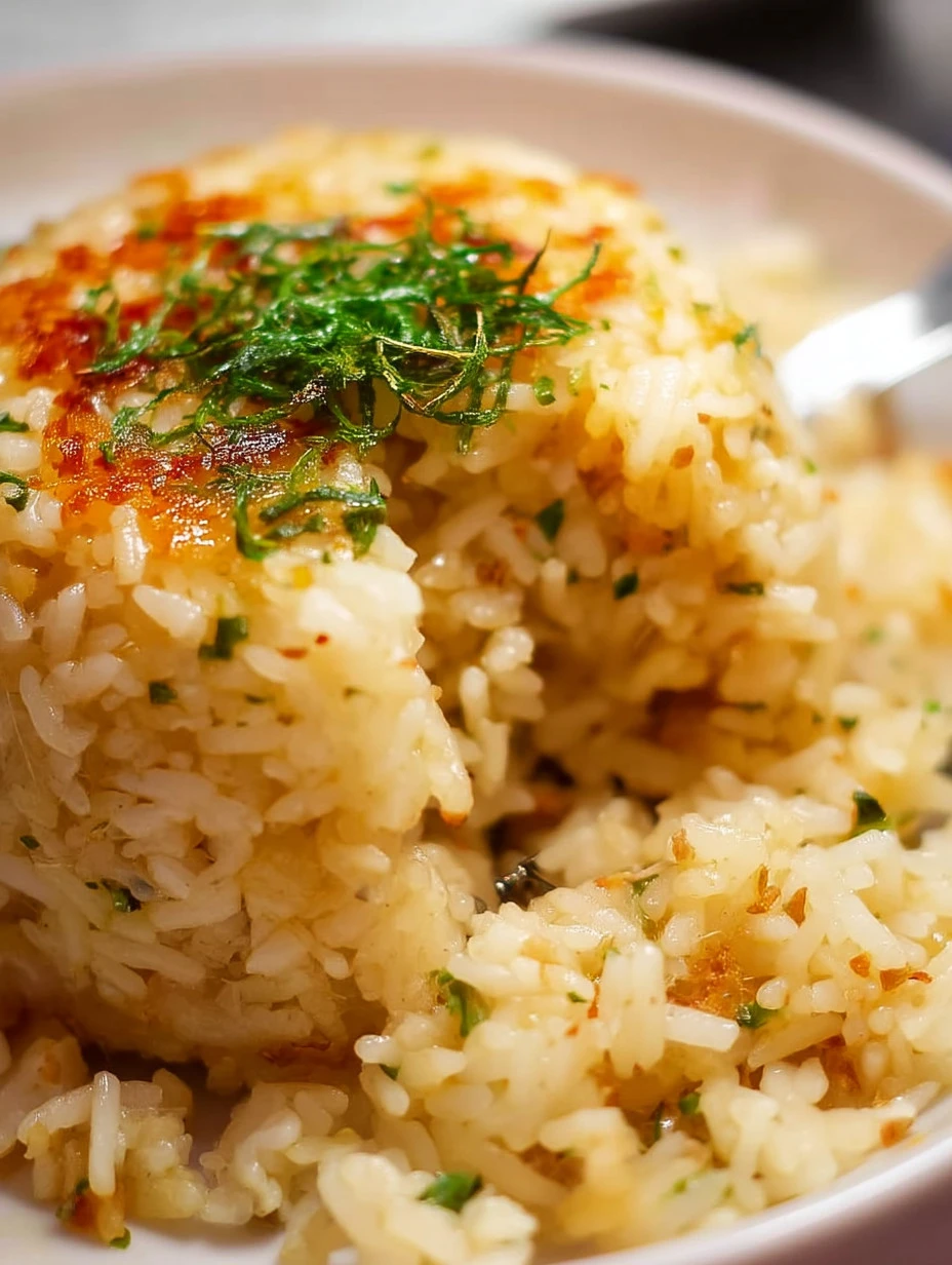 A bowl of aromatic garlic rice garnished with fresh herbs