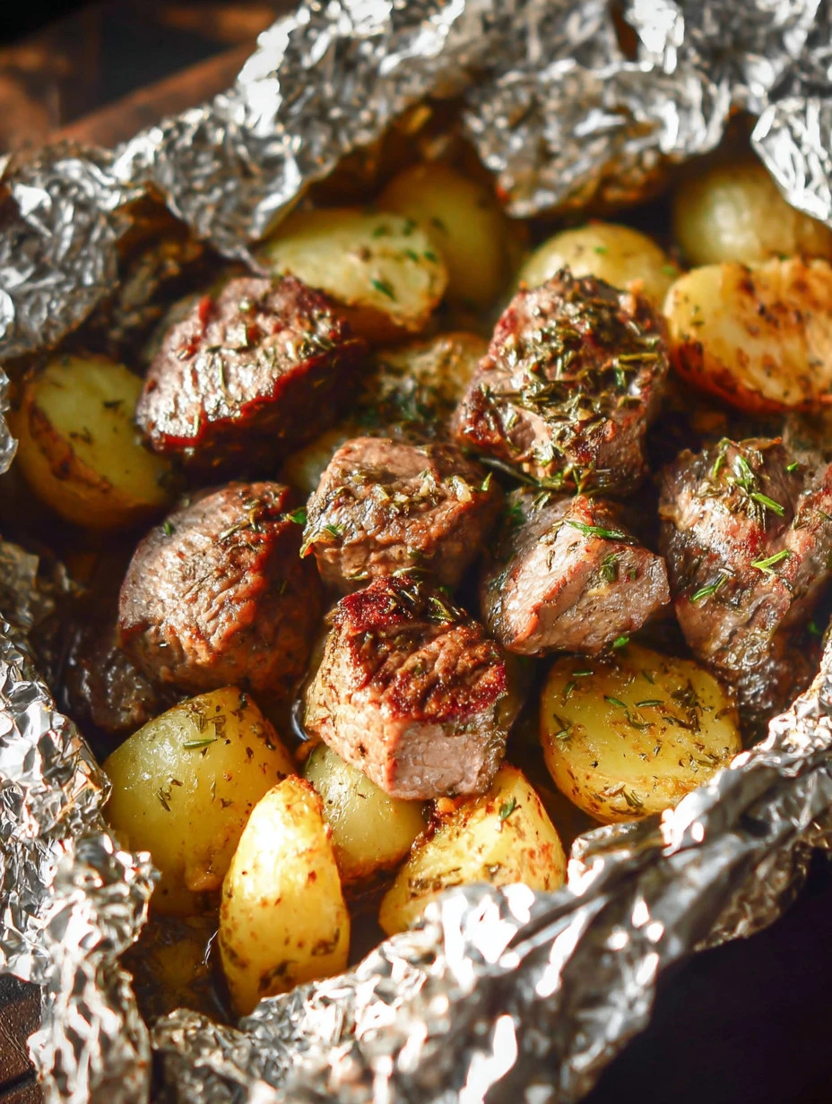 Garlic steak and potato foil packs ready for grilling