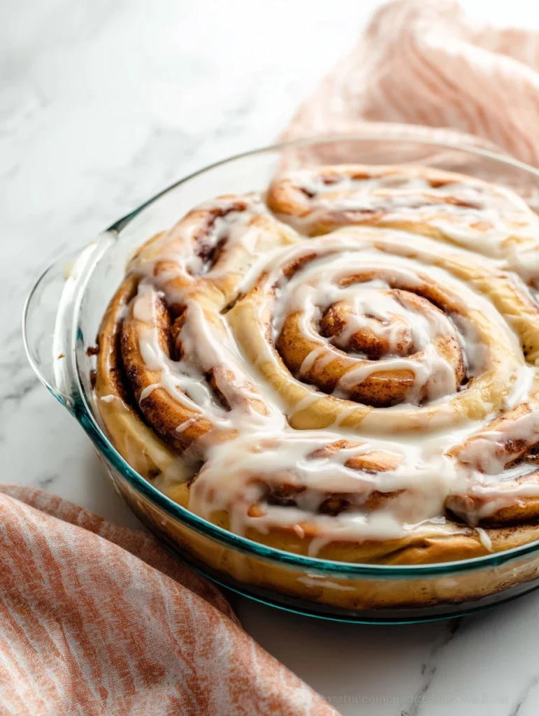 Giant cinnamon roll cake with icing and cinnamon topping