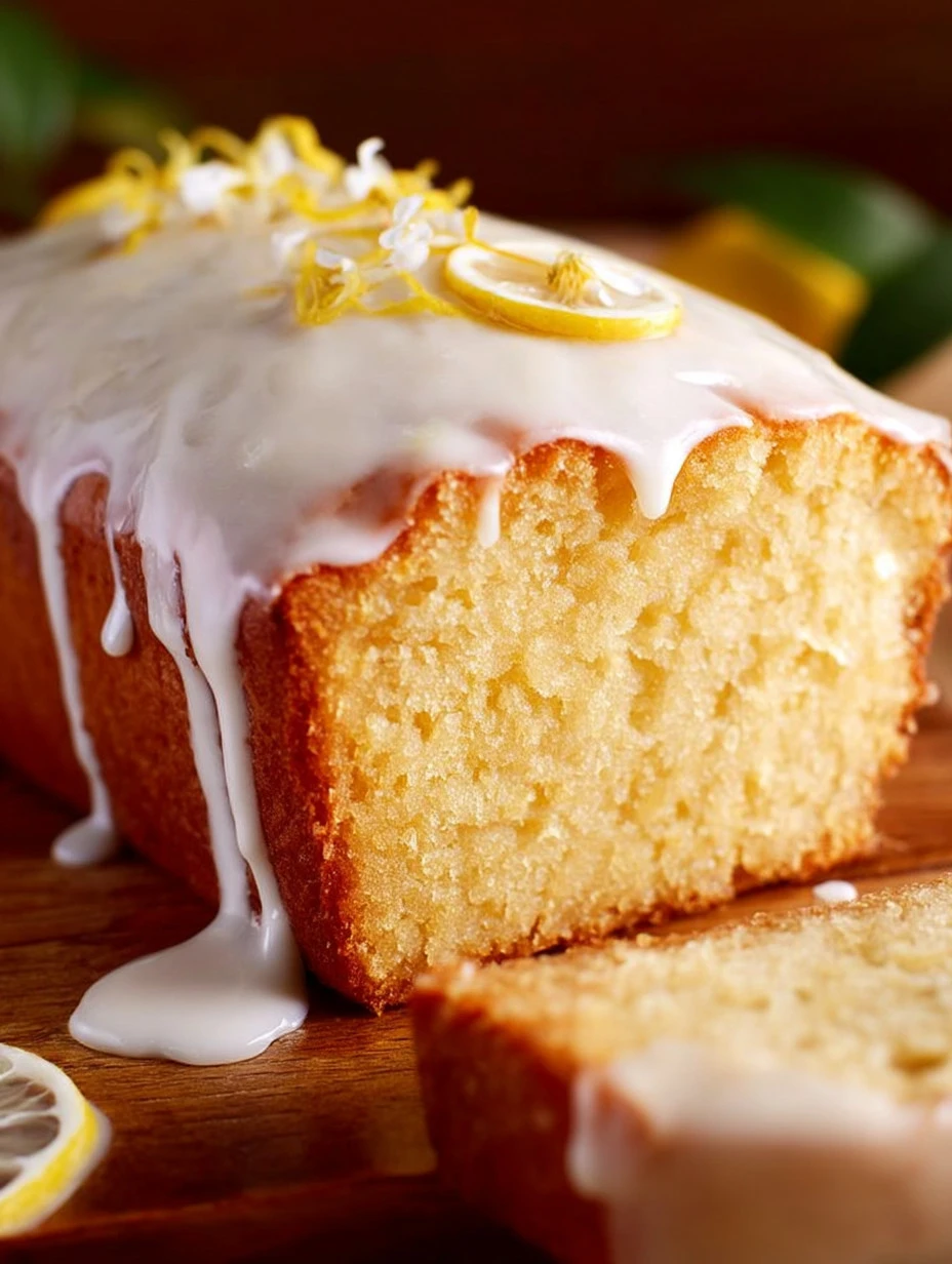 Glazed lemon loaf with a golden crust and lemon glaze on a white plate.