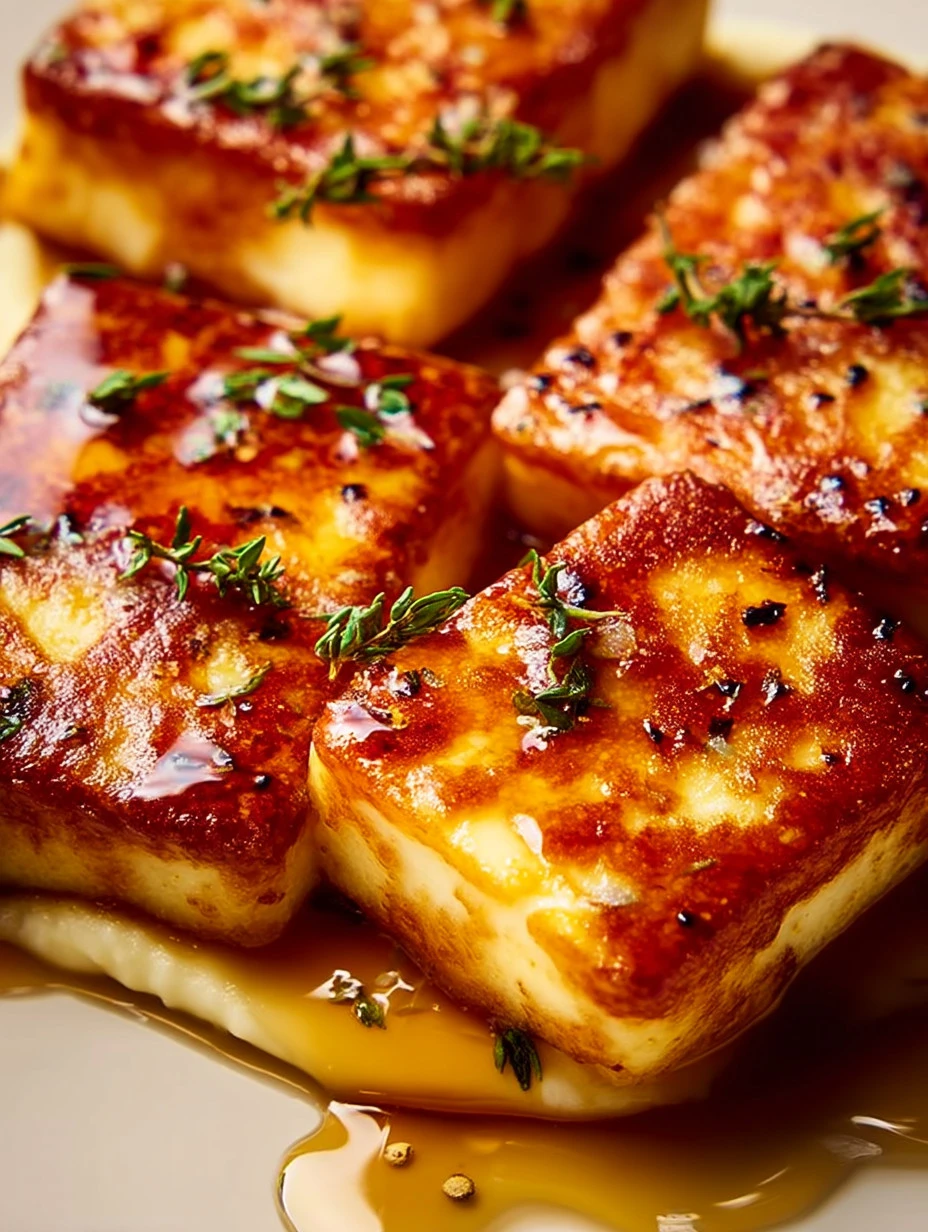 Golden Halloumi with Honey and Thyme on a plate garnished with herbs.