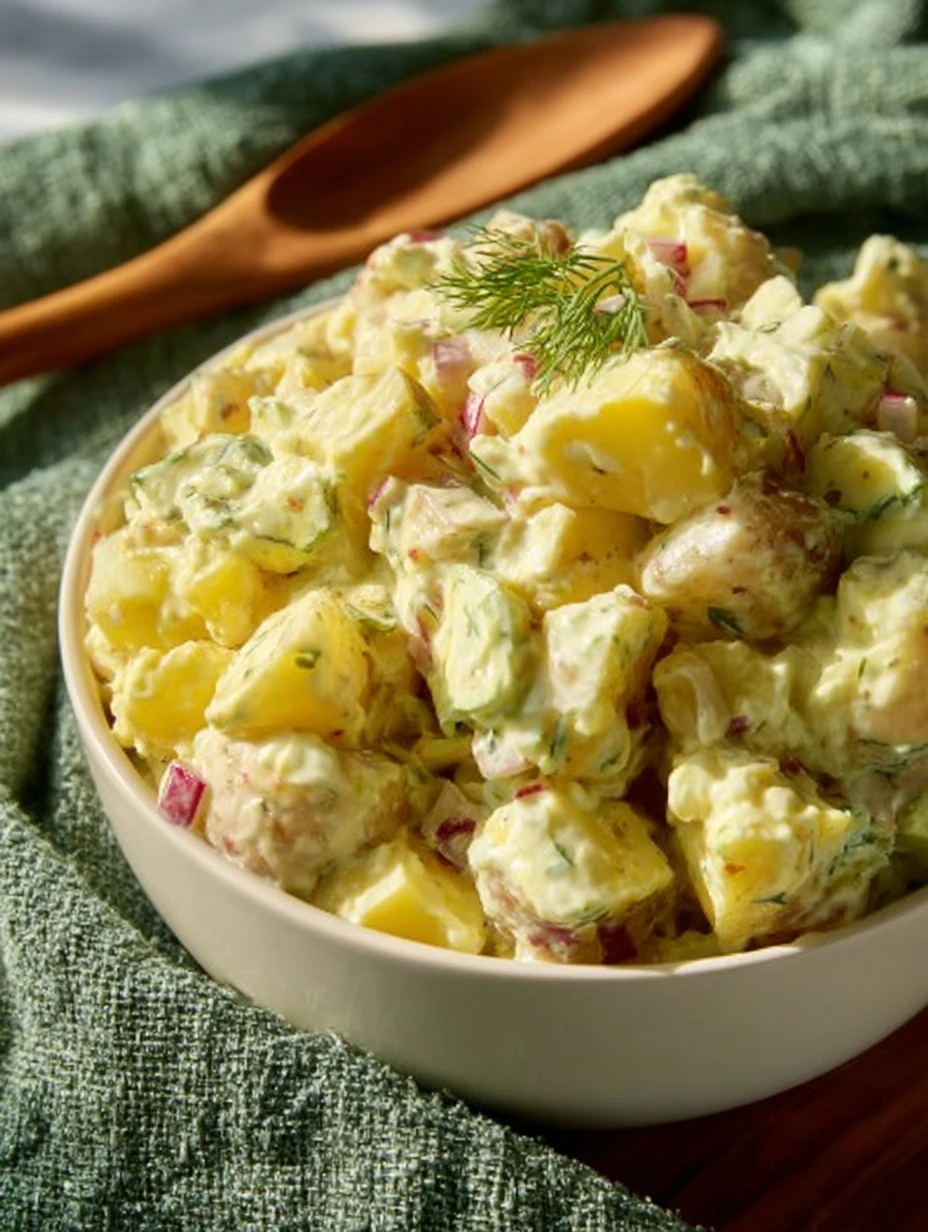 Bowl of Grandma's Creamy Potato Salad with herbs and seasonings