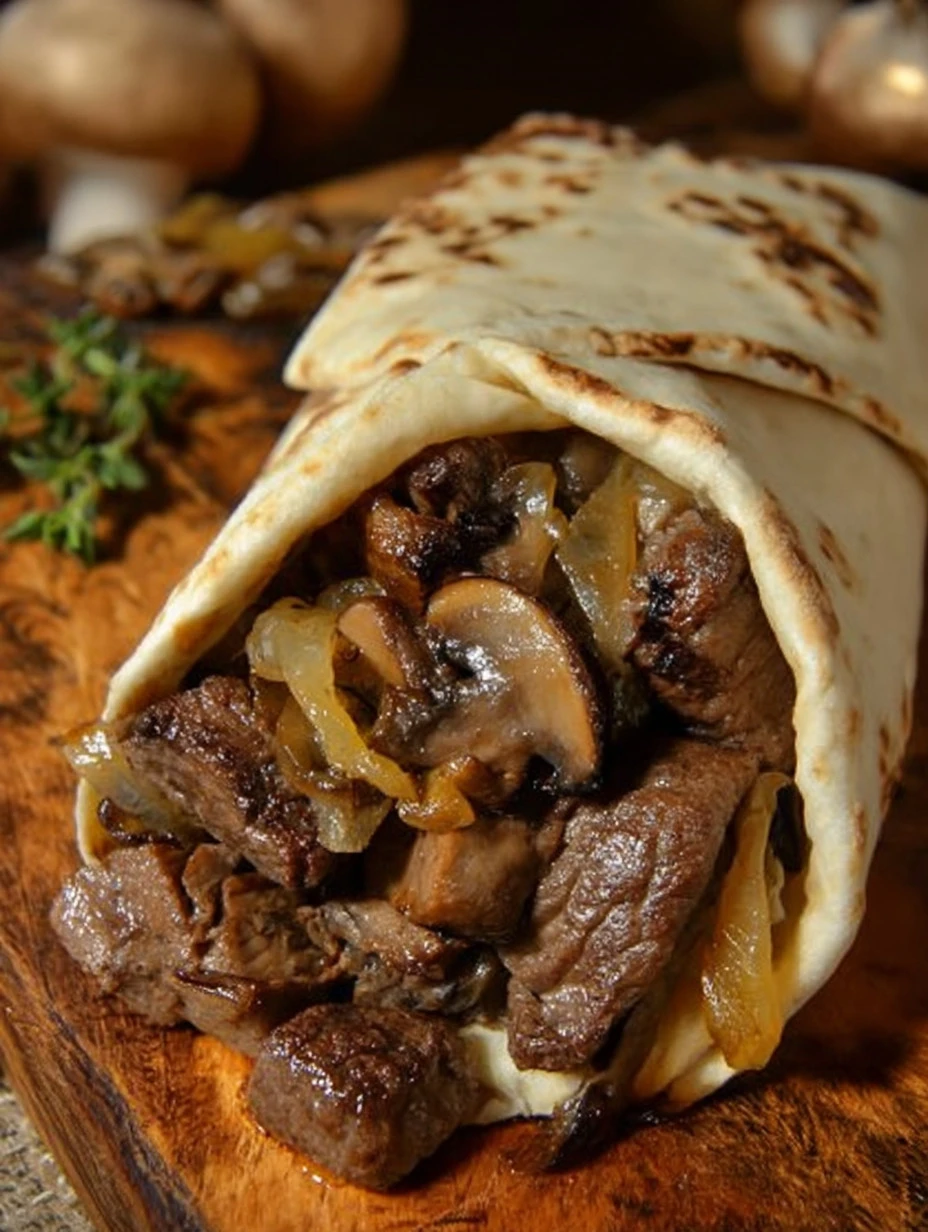 Delicious Greek steak pitas served with caramelized onions and mushrooms.