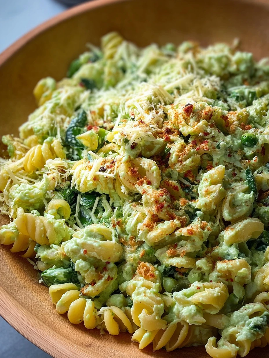 Green Goddess Pasta Salad with fresh vegetables and herbs in a bowl.