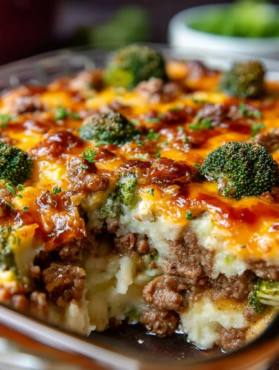 Delicious ground beef and broccoli casserole dish served on a table