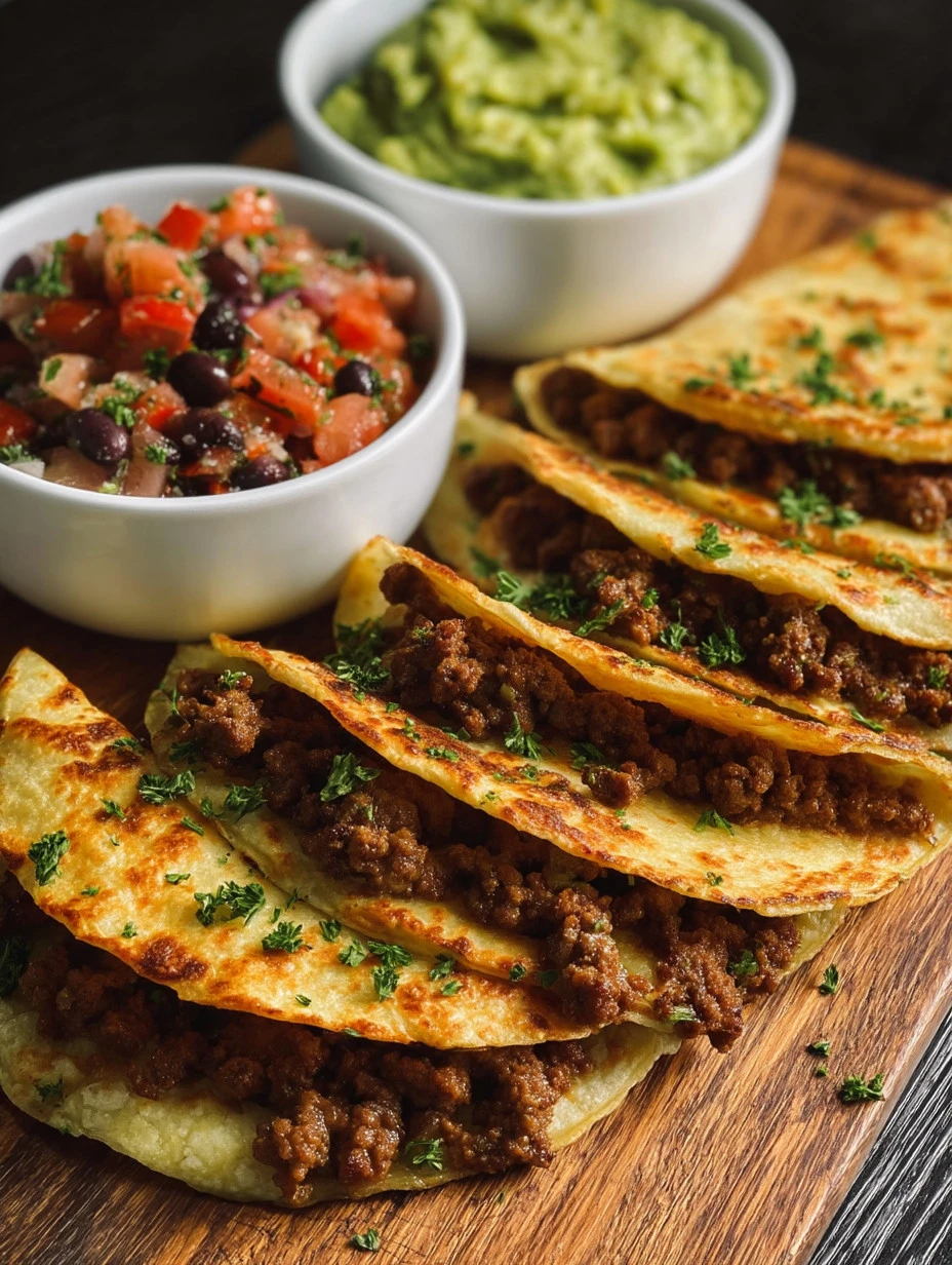 Delicious ground beef tacos topped with fresh ingredients and served on a plate.