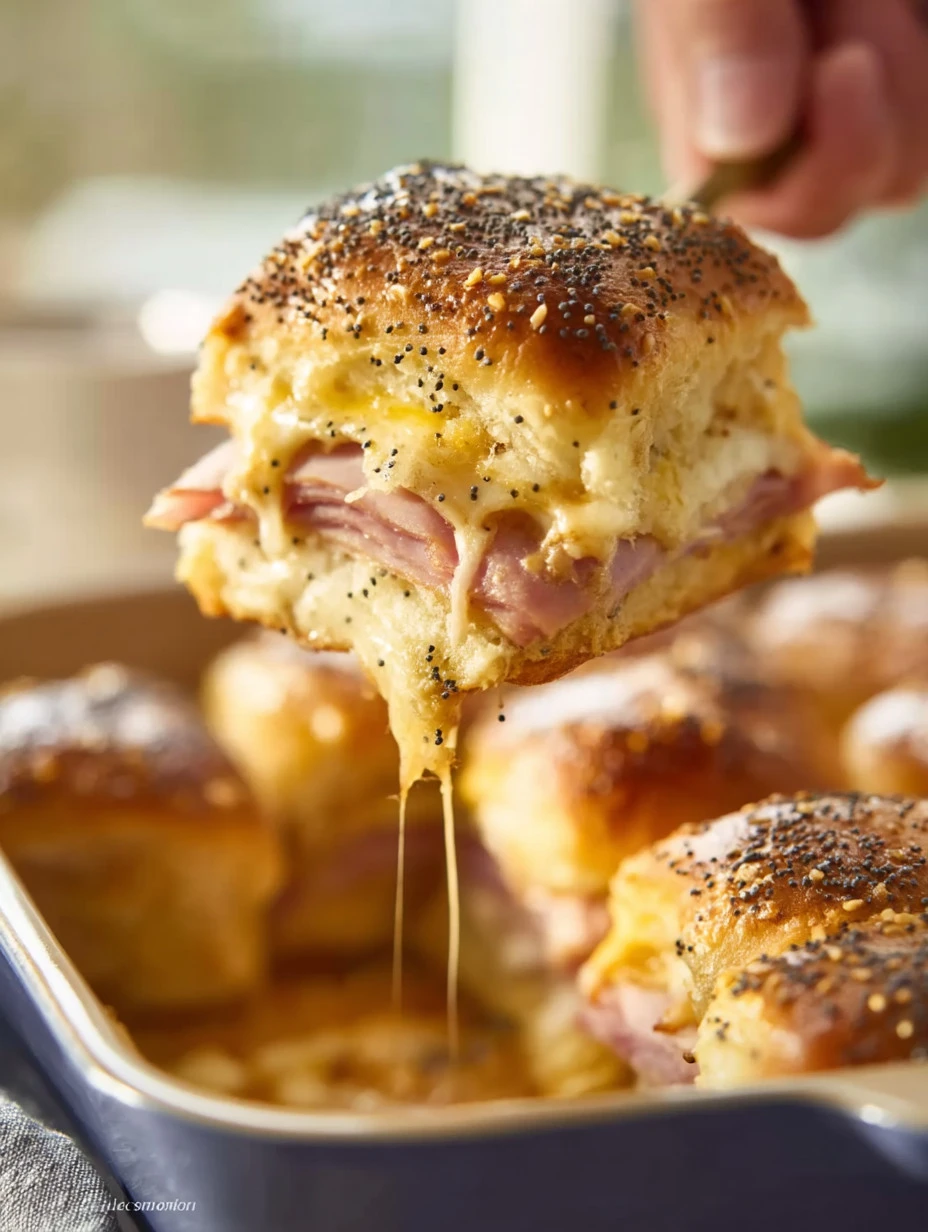 Delicious ham and cheese sliders on a serving platter