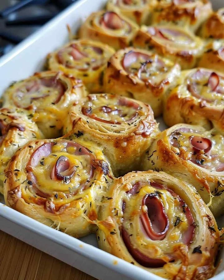 Ham and Swiss Crescent Rolls on a serving platter, perfect for appetizers.