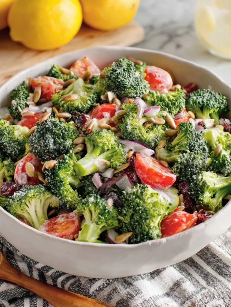 Healthy broccoli salad with fresh vegetables and dressing