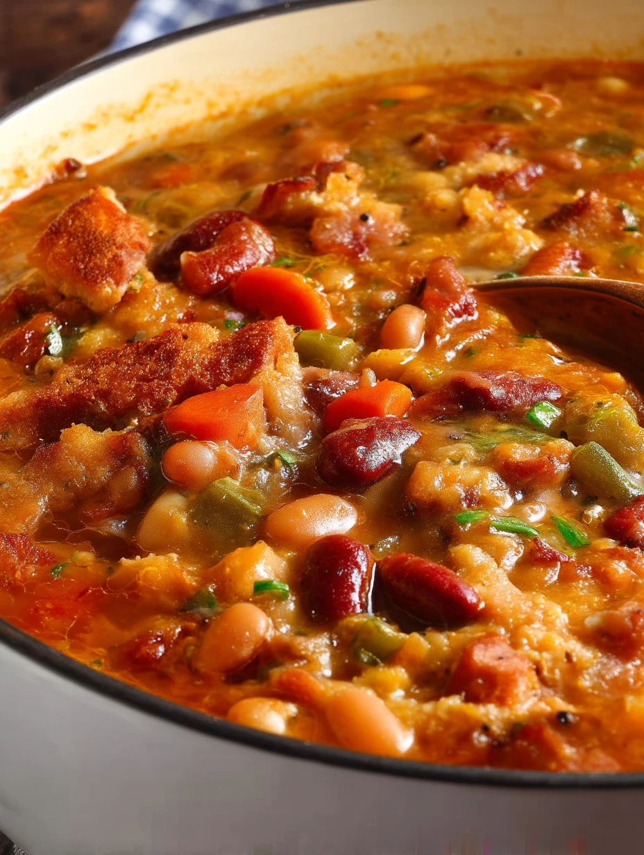 A bowl of hearty 15-bean soup garnished with herbs and served with crusty bread.
