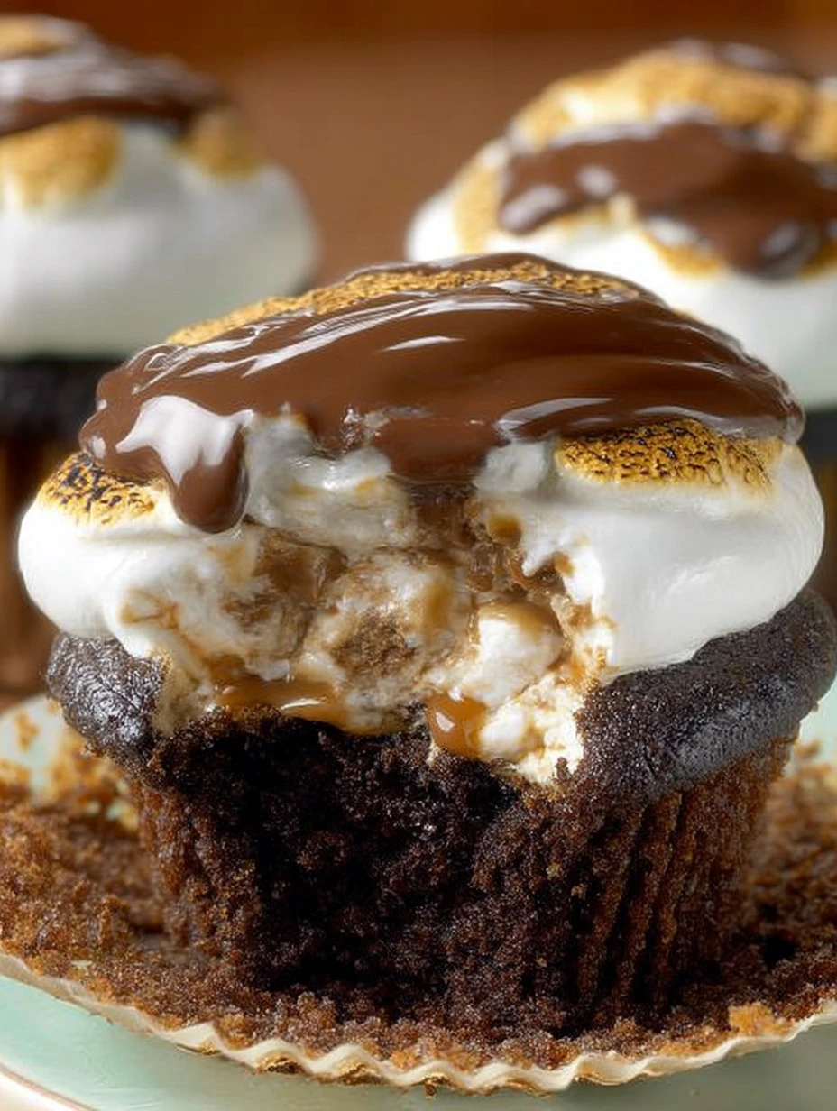 Delicious Hershey S'mores Cupcakes topped with marshmallows and chocolate.