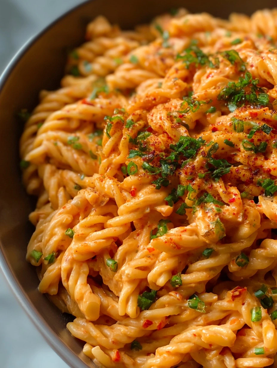 High protein creamy tomato pasta served in a bowl with fresh herbs.
