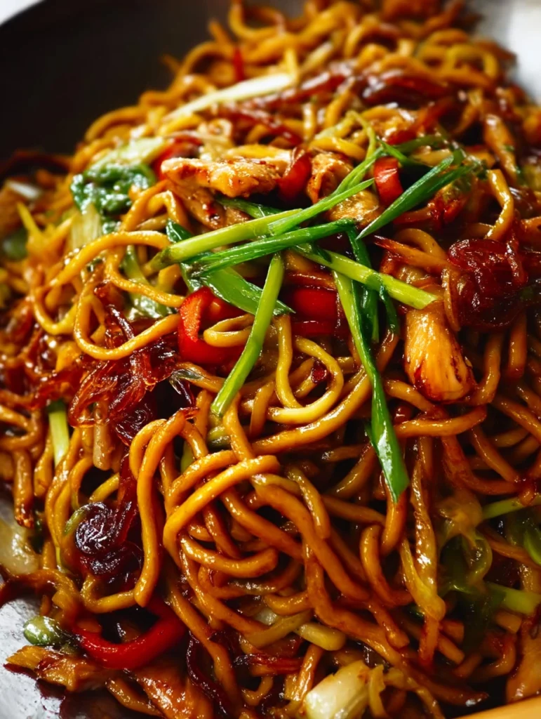 Plate of Hokkien Noodles with Chicken garnished with vegetables