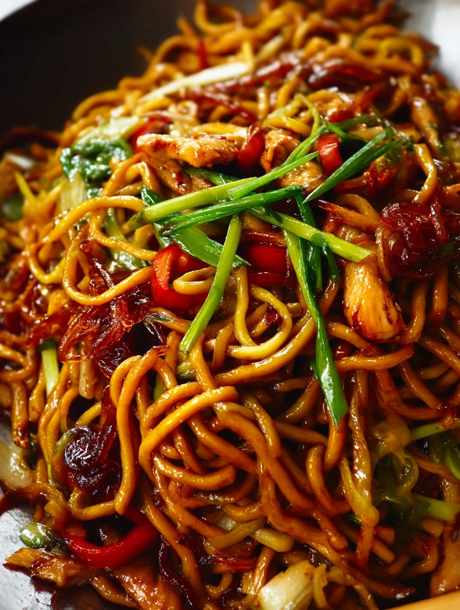 Plate of Hokkien Noodles with Chicken garnished with vegetables