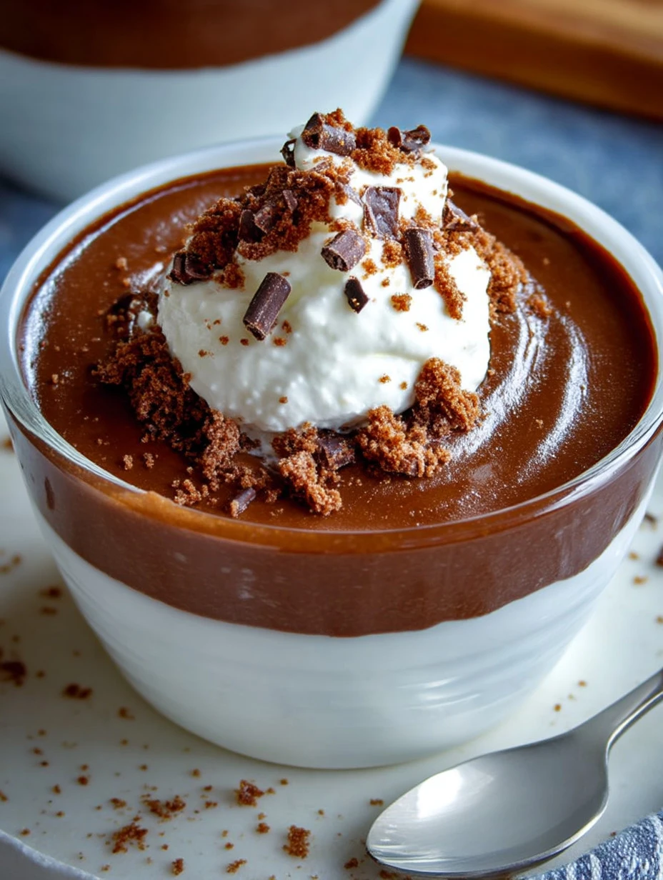 Bowl of homemade chocolate pudding topped with whipped cream and chocolate shavings