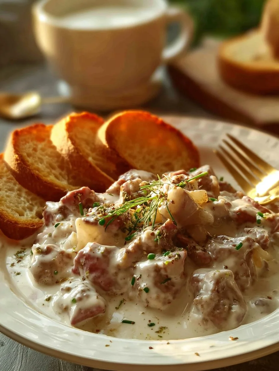 Homemade creamed chipped beef served on toast, a classic comfort food dish