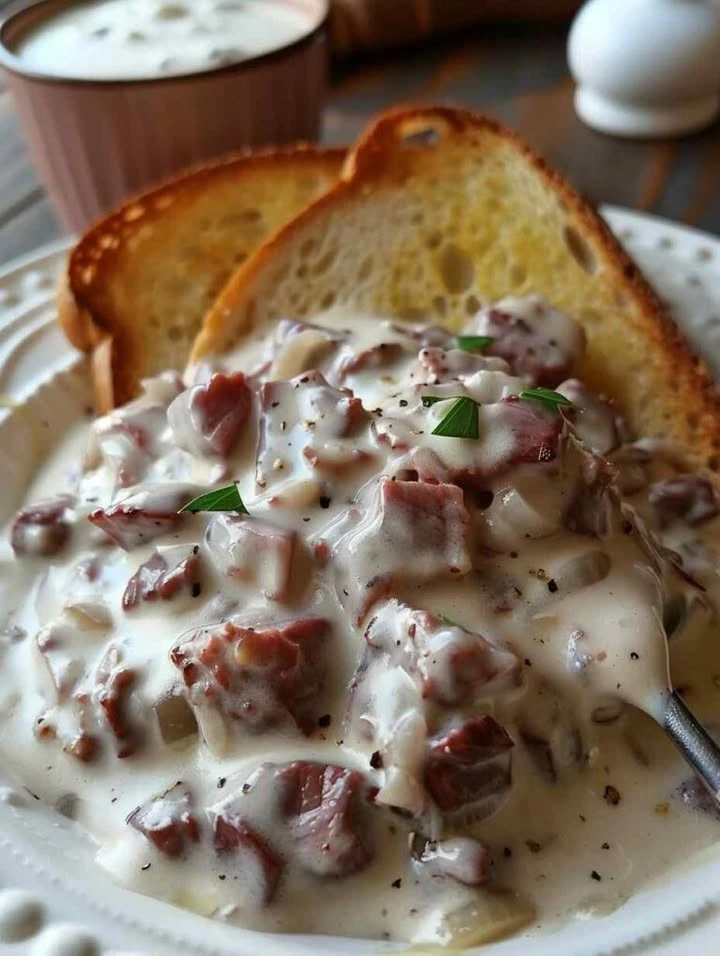 Delicious homemade creamed chipped beef served on toast