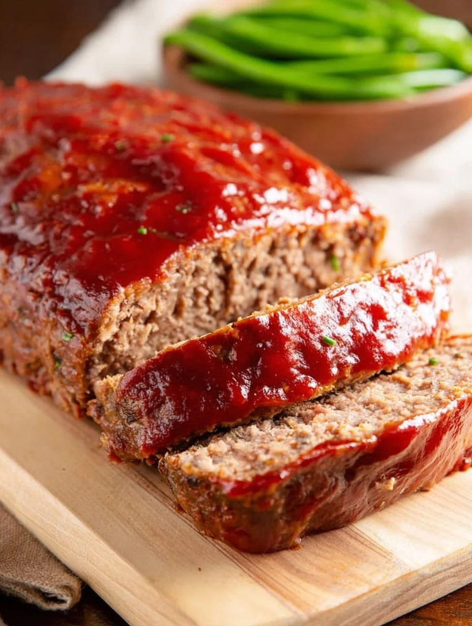 Delicious homestyle meatloaf served with mashed potatoes and veggies.