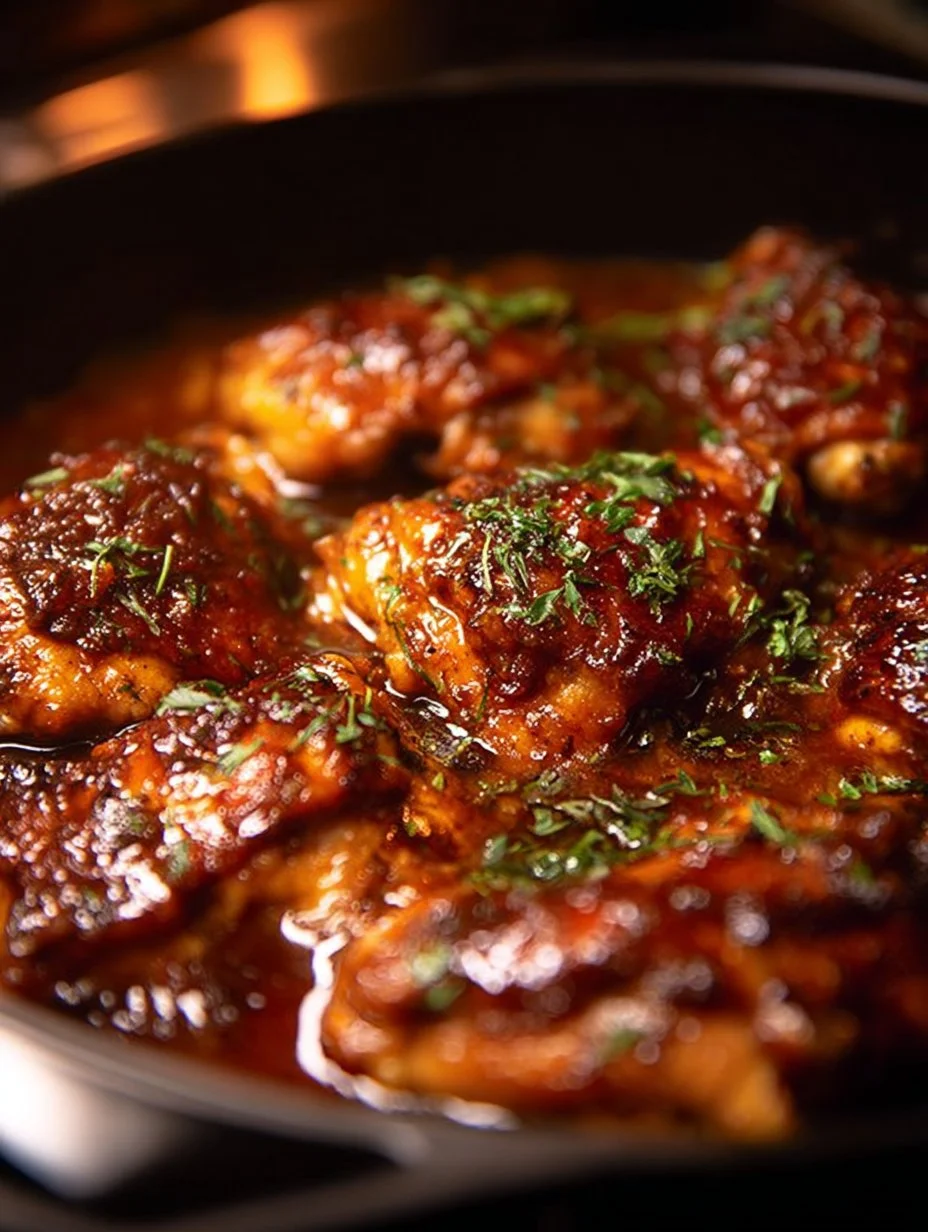 Honey garlic slow cooker chicken thighs on a plate garnished with herbs
