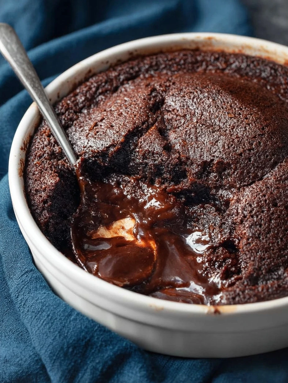 Delicious hot fudge pudding cake served with ice cream and chocolate sauce.
