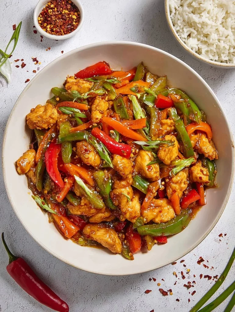 Plate of spicy Hunan Chicken with colorful vegetables and aromatic spices