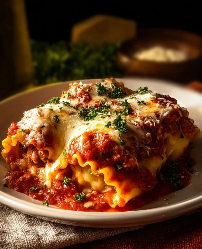 Delicious Italian meatball lasagna roll-ups topped with melted cheese and herbs.