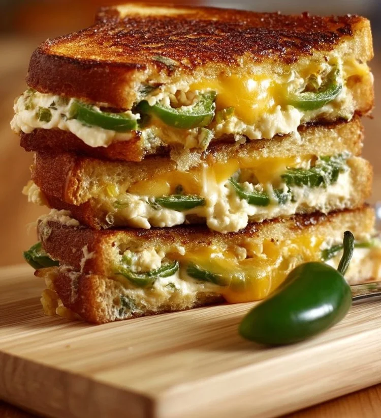 Jalapeno popper grilled cheese sandwich with melted cheese and jalapeno peppers