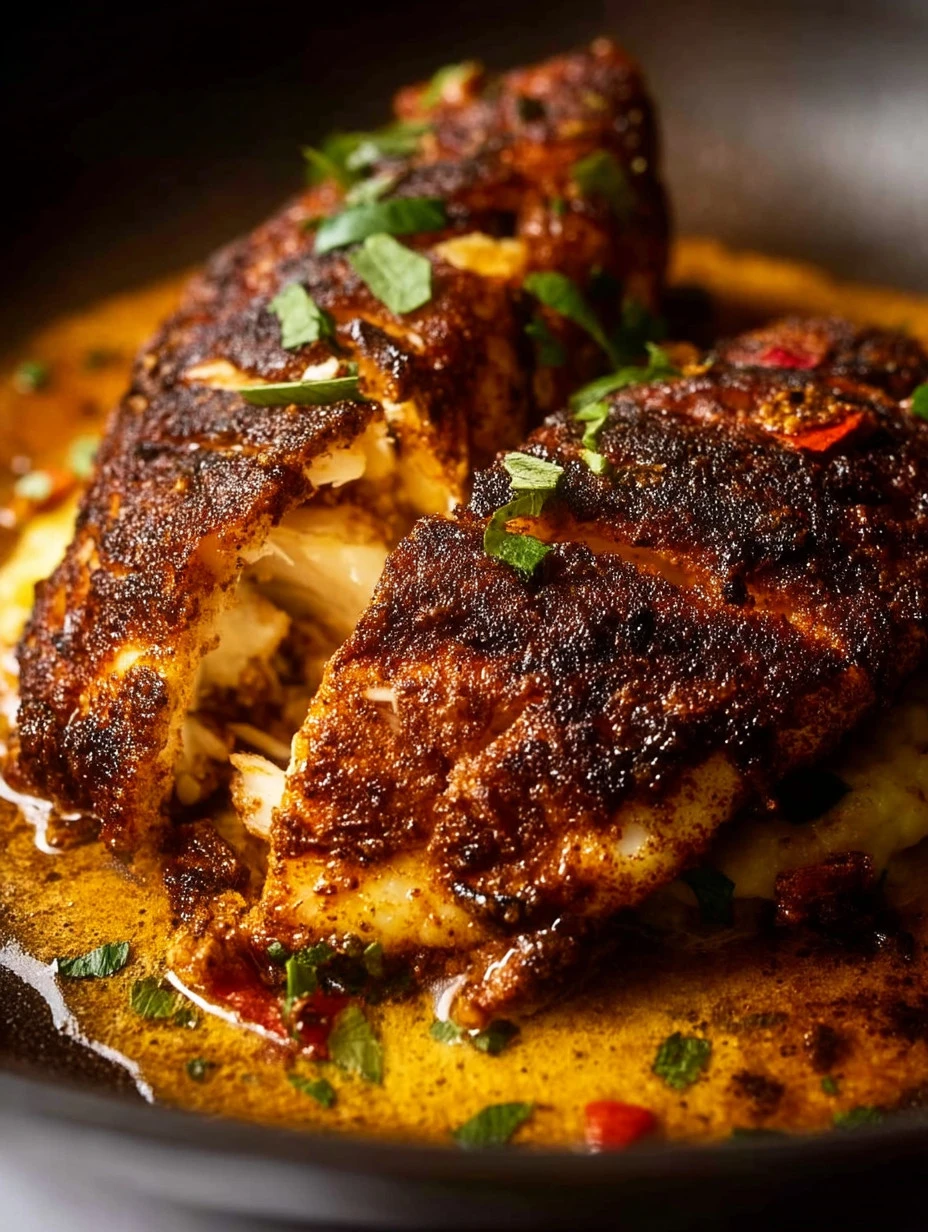 Plate of Jamaican Jerk Fish garnished with herbs and spices
