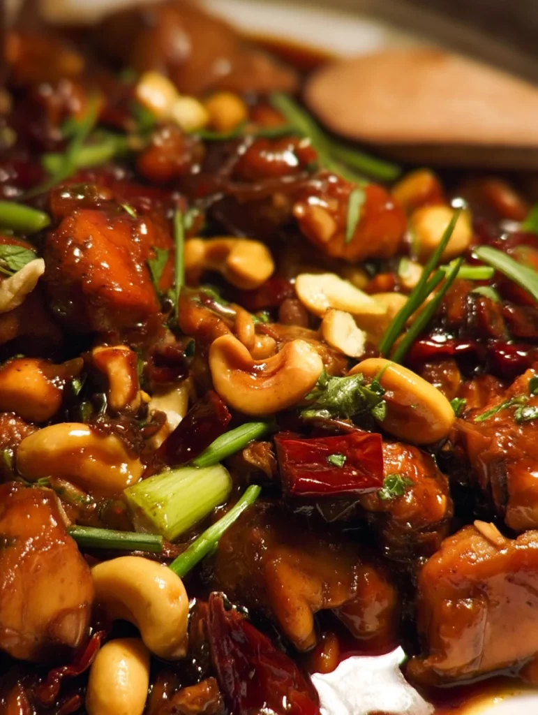 Delicious plate of Kung Pao Chicken with peanuts and vegetables